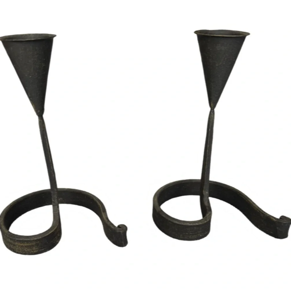 Vintage Set of Two 7” Hand Made Wrought Iron Taper Candle Holders